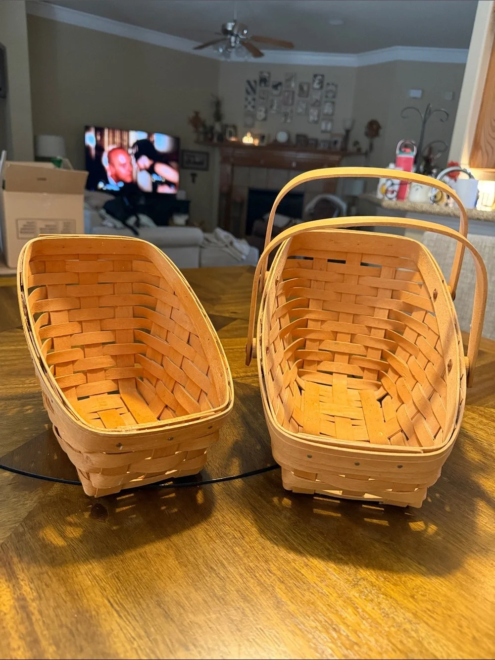 Longaberger Handwoven Tan Wood Oval Baskets with Handles - Pair